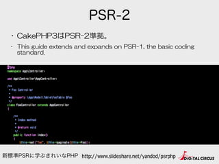 PSR-4
composer.json
• 生成される  composer.json  にPSR-4関連の設定あり。  
• This  PSR  describes  a  specification  for  autoloading  c...