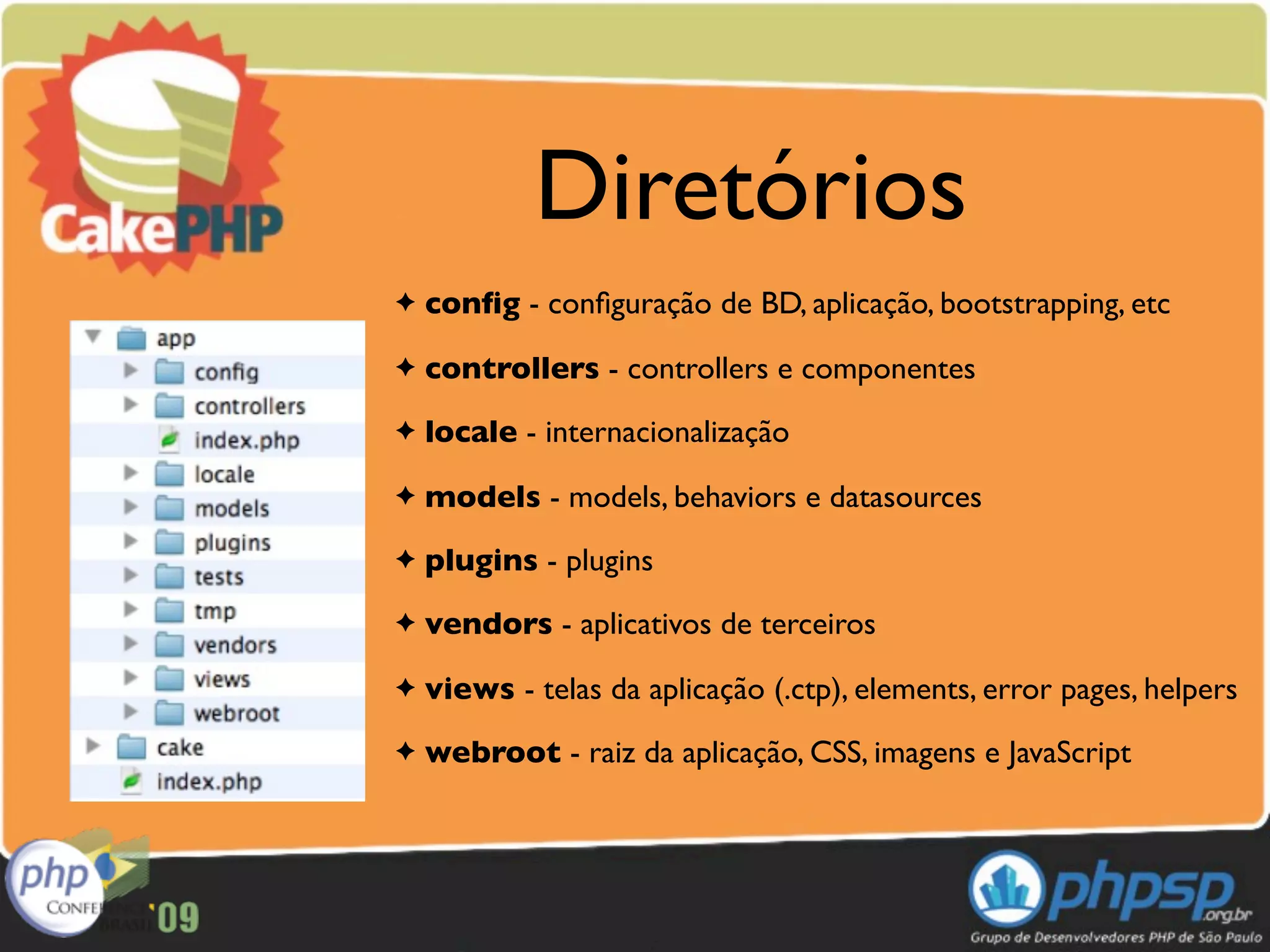 Diretórios
✦   conﬁg - conﬁguração de BD, aplicação, bootstrapping, etc
✦   controllers - controllers e componentes
✦   locale - internacionalização
✦   models - models, behaviors e datasources
✦   plugins - plugins
✦   vendors - aplicativos de terceiros
✦   views - telas da aplicação (.ctp), elements, error pages, helpers
✦   webroot - raiz da aplicação, CSS, imagens e JavaScript
 