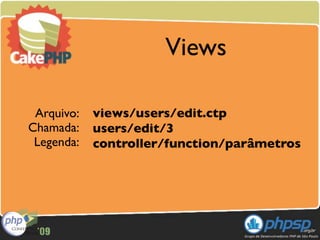 Views

 Arquivo:   views/users/edit.ctp
Chamada:    users/edit/3
 Legenda:   controller/function/parâmetros
 