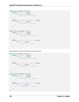 CakePHP Cookbook Documentation, Release 2.x
class User extends AppModel {
public $hasMany = array(
’MyRecipe’ => array(
’className’ => ’Recipe’,
)
);
public $hasAndBelongsToMany = array(
’MemberOf’ => array(
’className’ => ’Group’,
)
);
}
class Group extends AppModel {
public $hasMany = array(
’MyRecipe’ => array(
’className’ => ’Recipe’,
)
);
public $hasAndBelongsToMany = array(
’Member’ => array(
’className’ => ’User’,
)
);
}
but the following will not work well in all circumstances:
class User extends AppModel {
public $hasMany = array(
’MyRecipe’ => array(
’className’ => ’Recipe’,
)
);
public $hasAndBelongsToMany = array(
’Member’ => array(
’className’ => ’Group’,
)
);
}
class Group extends AppModel {
public $hasMany = array(
’MyRecipe’ => array(
’className’ => ’Recipe’,
)
);
public $hasAndBelongsToMany = array(
’Member’ => array(
’className’ => ’User’,
)
);
}
100 Chapter 6. Models
 