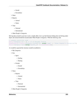 CakePHP Cookbook Documentation, Release 2.x
– Gerald
– Gwendolyn
• Work
• Reports
– Annual
– Status
• Trips
– National
– International
• Other People’s Categories
Moving data around in your tree is also a simple affair. Let’s say that Extreme ﬁshing does not belong under
Sport, but instead should be located under Other People’s Categories. With the following code:
// pseudo controller code
$this->Category->id = 5; // id of Extreme fishing
$newParentId = $this->Category->field(’id’, array(’name’ => ’Other People’s Categories’));
$this->Category->save(array(’parent_id’ => $newParentId));
As would be expected the structure would be modiﬁed to:
• My Categories
• Fun
– Sport
* Surﬁng
* Skating
– Friends
* Gerald
* Gwendolyn
• Work
– Reports
* Annual
* Status
– Trips
* National
* International
• Other People’s Categories
Behaviors 253
 