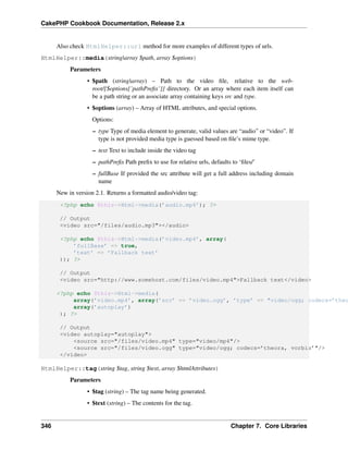 CakePHP Cookbook Documentation, Release 2.x
Also check HtmlHelper::url method for more examples of different types of urls.
HtmlHelper::media(string|array $path, array $options)
Parameters
• $path (string|array) – Path to the video ﬁle, relative to the web-
root/{$options[’pathPreﬁx’]} directory. Or an array where each item itself can
be a path string or an associate array containing keys src and type.
• $options (array) – Array of HTML attributes, and special options.
Options:
– type Type of media element to generate, valid values are “audio” or “video”. If
type is not provided media type is guessed based on ﬁle’s mime type.
– text Text to include inside the video tag
– pathPreﬁx Path preﬁx to use for relative urls, defaults to ‘ﬁles/’
– fullBase If provided the src attribute will get a full address including domain
name
New in version 2.1. Returns a formatted audio/video tag:
<?php echo $this->Html->media(’audio.mp4’); ?>
// Output
<video src="/files/audio.mp3"></audio>
<?php echo $this->Html->media(’video.mp4’, array(
’fullBase’ => true,
’text’ => ’Fallback text’
)); ?>
// Output
<video src="http://www.somehost.com/files/video.mp4">Fallback text</video>
<?php echo $this->Html->media(
array(’video.mp4’, array(’src’ => ’video.ogg’, ’type’ => "video/ogg; codecs=’theo
array(’autoplay’)
); ?>
// Output
<video autoplay="autoplay">
<source src="/files/video.mp4" type="video/mp4"/>
<source src="/files/video.ogg" type="video/ogg; codecs=’theora, vorbis’"/>
</video>
HtmlHelper::tag(string $tag, string $text, array $htmlAttributes)
Parameters
• $tag (string) – The tag name being generated.
• $text (string) – The contents for the tag.
346 Chapter 7. Core Libraries
 