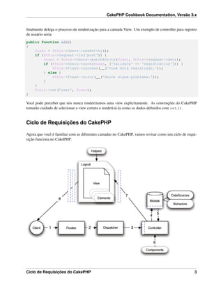 CakePHP Cookbook Documentation, Versão 3.x
ﬁnalmente delega o processo de renderização para a camada View. Um exemplo de controller para registro
de usuário seria:
public function add()
{
$user = $this->Users->newEntity();
if ($this->request->is('post')) {
$user = $this->Users->patchEntity($user, $this->request->data);
if ($this->Users->save($user, ['validate' => 'registration'])) {
$this->Flash->success(__('Você está registrado.'));
} else {
$this->Flash->error(__('Houve algum problema.'));
}
}
$this->set('user', $user);
}
Você pode perceber que nós nunca renderizamos uma view explicitamente. As convenções do CakePHP
tomarão cuidado de selecionar a view correta e renderizá-la como os dados deﬁnidos com set().
Ciclo de Requisições do CakePHP
Agora que você é familiar com as diferentes camadas no CakePHP, vamos revisar como um cíclo de requi-
sição funciona no CakePHP:
Ciclo de Requisições do CakePHP 3
 