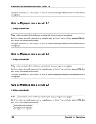 CakePHP Cookbook Documentation, Versão 2.x
Você pode referenciar-se à versão inglesa no menu de seleção superior para obter informações sobre o tópico
desta página.
Guia de Migração para a Versão 2.6
2.6 Migration Guide
Nota: A documentação não é atualmente suportada pela lingua portuguesa nesta página.
Por favor, sinta-se a vontade para nos enviar um pull request no Github57 ou use o botão Improve This Doc
para propor suas mudanças diretamente.
Você pode referenciar-se à versão inglesa no menu de seleção superior para obter informações sobre o tópico
desta página.
Guia de Migração para a Versão 2.5
2.5 Migration Guide
Nota: A documentação não é atualmente suportada pela lingua portuguesa nesta página.
Por favor, sinta-se a vontade para nos enviar um pull request no Github58 ou use o botão Improve This Doc
para propor suas mudanças diretamente.
Você pode referenciar-se à versão inglesa no menu de seleção superior para obter informações sobre o tópico
desta página.
Guia de Migração para a Versão 2.4
2.4 Migration Guide
Nota: A documentação não é atualmente suportada pela lingua portuguesa nesta página.
Por favor, sinta-se a vontade para nos enviar um pull request no Github59 ou use o botão Improve This Doc
para propor suas mudanças diretamente.
57
https://github.com/cakephp/docs
58
https://github.com/cakephp/docs
59
https://github.com/cakephp/docs
132 Capítulo 10. Apêndices
 