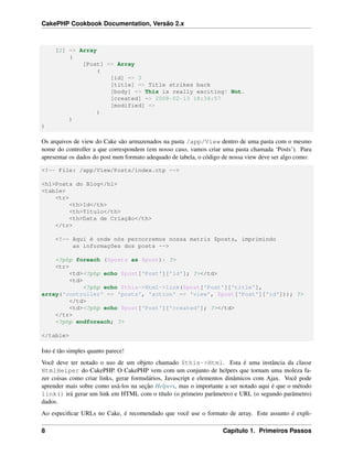 CakePHP Cookbook Documentation, Versão 2.x
[2] => Array
(
[Post] => Array
(
[id] => 3
[title] => Title strikes back
[body] => This is really exciting! Not.
[created] => 2008-02-13 18:34:57
[modified] =>
)
)
)
Os arquivos de view do Cake são armazenados na pasta /app/View dentro de uma pasta com o mesmo
nome do controller a que correspondem (em nosso caso, vamos criar uma pasta chamada ‘Posts’). Para
apresentar os dados do post num formato adequado de tabela, o código de nossa view deve ser algo como:
<!-- File: /app/View/Posts/index.ctp -->
<h1>Posts do Blog</h1>
<table>
<tr>
<th>Id</th>
<th>Título</th>
<th>Data de Criação</th>
</tr>
<!-- Aqui é onde nós percorremos nossa matriz $posts, imprimindo
as informações dos posts -->
<?php foreach ($posts as $post): ?>
<tr>
<td><?php echo $post['Post']['id']; ?></td>
<td>
<?php echo $this->Html->link($post['Post']['title'],
array('controller' => 'posts', 'action' => 'view', $post['Post']['id'])); ?>
</td>
<td><?php echo $post['Post']['created']; ?></td>
</tr>
<?php endforeach; ?>
</table>
Isto é tão simples quanto parece!
Você deve ter notado o uso de um objeto chamado $this->Html. Esta é uma instância da classe
HtmlHelper do CakePHP. O CakePHP vem com um conjunto de helpers que tornam uma moleza fa-
zer coisas como criar links, gerar formulários, Javascript e elementos dinâmicos com Ajax. Você pode
aprender mais sobre como usá-los na seção Helpers, mas o importante a ser notado aqui é que o método
link() irá gerar um link em HTML com o título (o primeiro parâmetro) e URL (o segundo parâmetro)
dados.
Ao especiﬁcar URLs no Cake, é recomendado que você use o formato de array. Este assunto é expli-
8 Capítulo 1. Primeiros Passos
 