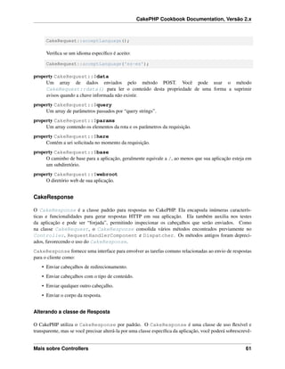 CakePHP Cookbook Documentation, Versão 2.x
CakeRequest::acceptLanguage();
Veriﬁca se um idioma especíﬁco é aceito:
CakeRequest::acceptLanguage('es-es');
property CakeRequest::$data
Um array de dados enviados pelo método POST. Você pode usar o método
CakeRequest::data() para ler o conteúdo desta propriedade de uma forma a suprimir
avisos quando a chave informada não existir.
property CakeRequest::$query
Um array de parâmetros passados por “query strings”.
property CakeRequest::$params
Um array contendo os elementos da rota e os parâmetros da requisição.
property CakeRequest::$here
Contém a uri solicitada no momento da requisição.
property CakeRequest::$base
O caminho de base para a aplicação, geralmente equivale a /, ao menos que sua aplicação esteja em
um subdiretório.
property CakeRequest::$webroot
O diretório web de sua aplicação.
CakeResponse
O CakeResponse é a classe padrão para respostas no CakePHP. Ela encapsula inúmeras caracterís-
ticas e funcionalidades para gerar respostas HTTP em sua aplicação. Ela também auxilia nos testes
da aplicação e pode ser “forjada”, permitindo inspecionar os cabeçalhos que serão enviados. Como
na classe CakeRequest, o CakeResponse consolida vários métodos encontrados previamente no
Controller, RequestHandlerComponent e Dispatcher. Os métodos antigos foram depreci-
ados, favorecendo o uso do CakeResponse.
CakeResponse fornece uma interface para envolver as tarefas comuns relacionadas ao envio de respostas
para o cliente como:
• Enviar cabeçalhos de redirecionamento.
• Enviar cabeçalhos com o tipo de conteúdo.
• Enviar qualquer outro cabeçalho.
• Enviar o corpo da resposta.
Alterando a classe de Resposta
O CakePHP utiliza o CakeResponse por padrão. O CakeResponse é uma classe de uso ﬂexível e
transparente, mas se você precisar alterá-la por uma classe especíﬁca da aplicação, você poderá sobrescrevê-
Mais sobre Controllers 61
 