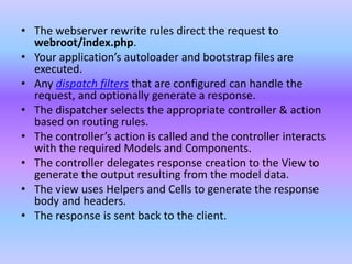 • The webserver rewrite rules direct the request to
webroot/index.php.
• Your application’s autoloader and bootstrap files are
executed.
• Any dispatch filters that are configured can handle the
request, and optionally generate a response.
• The dispatcher selects the appropriate controller & action
based on routing rules.
• The controller’s action is called and the controller interacts
with the required Models and Components.
• The controller delegates response creation to the View to
generate the output resulting from the model data.
• The view uses Helpers and Cells to generate the response
body and headers.
• The response is sent back to the client.
 