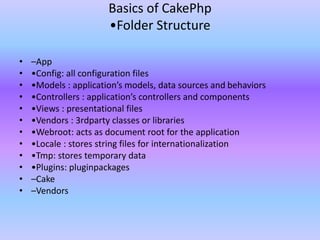 Basics of CakePhp
•Folder Structure
• –App
• •Config: all configuration files
• •Models : application’s models, data sources and behaviors
• •Controllers : application’s controllers and components
• •Views : presentational files
• •Vendors : 3rdparty classes or libraries
• •Webroot: acts as document root for the application
• •Locale : stores string files for internationalization
• •Tmp: stores temporary data
• •Plugins: pluginpackages
• –Cake
• –Vendors
 
