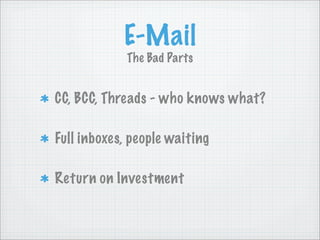 E-Mail
             The Bad Parts


CC, BCC, Threads - who knows what?

Full inboxes, people waiting

Return on Investment
 