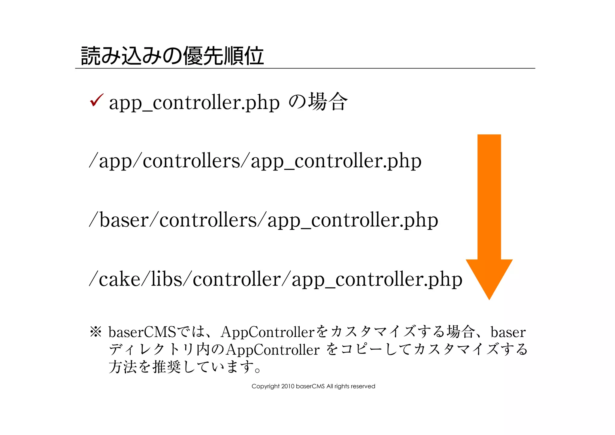 読み込みの優先順位

! app_controller.php の場合

/app/controllers/app_controller.php

/baser/controllers/app_controller.php

/cake/libs/controller/app_controller.php

※ baserCMSでは、AppControllerをカスタマイズする場合、baser
  ディレクトリ内のAppController をコピーしてカスタマイズする
  方法を推奨しています。
                 Copyright 2010 baserCMS All rights reserved
 