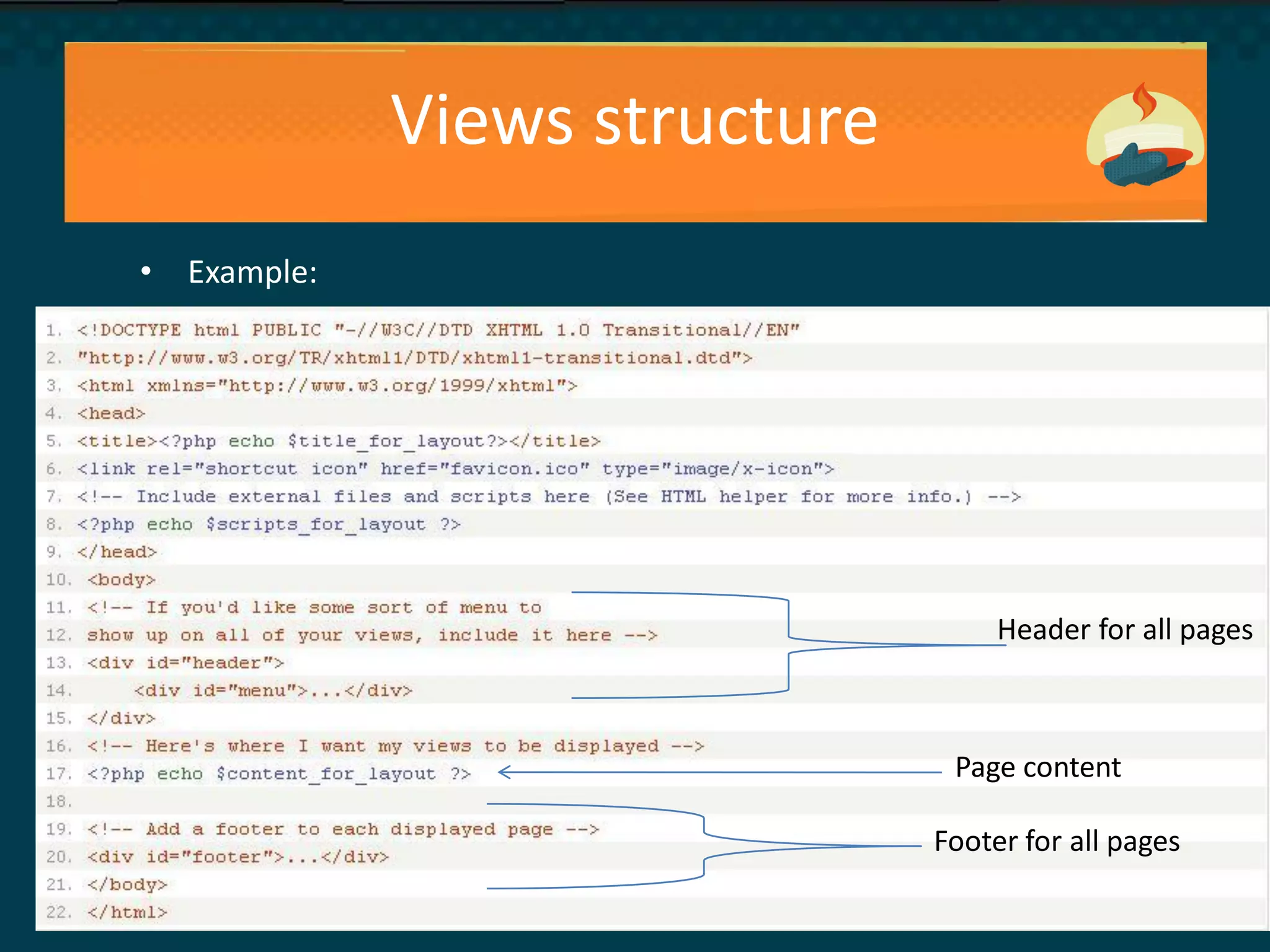 Views structure
• Example:
Header for all pages
Page content
Footer for all pages
 