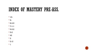 INDEX OF MASTERY PRE-ASS.
 10-
 9-
 8-3-5
 7-1-1
 6-2-2
 5-2
 42
 3
 2-1I
 1
 