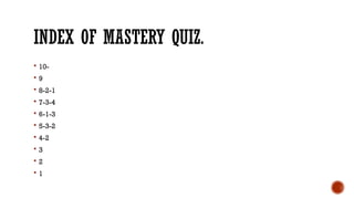 INDEX OF MASTERY QUIZ.
 10-
 9
 8-2-1
 7-3-4
 6-1-3
 5-3-2
 4-2
 3
 2
 1
 
