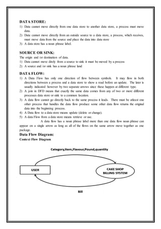DATA STORE:
1) Data cannot move directly from one data store to another data store, a process must move
data.
2) Data cannot move directly from an outside source to a data store, a process, which receives,
must move data from the source and place the data into data store
3) A data store has a noun phrase label.
SOURCE OR SINK:
The origin and /or destination of data.
1) Data cannot move direly from a source to sink it must be moved by a process
2) A source and /or sink has a noun phrase land
DATA FLOW:
1) A Data Flow has only one direction of flow between symbols. It may flow in both
directions between a process and a data store to show a read before an update. The later is
usually indicated however by two separate arrows since these happen at different type.
2) A join in DFD means that exactly the same data comes from any of two or more different
processes data store or sink to a common location.
3) A data flow cannot go directly back to the same process it leads. There must be atleast one
other process that handles the data flow produce some other data flow returns the original
data into the beginning process.
4) A Data flow to a data store means update (delete or change).
5) A data Flow from a data store means retrieve or use.
A data flow has a noun phrase label more than one data flow noun phrase can
appear on a single arrow as long as all of the flows on the same arrow move together as one
package.
Data Flow Diagram:
Context Flow Diagram
 