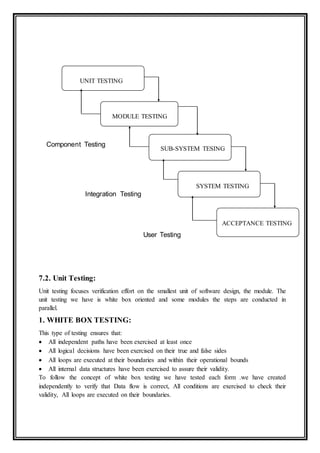 7.2. Unit Testing:
Unit testing focuses verification effort on the smallest unit of software design, the module. The
unit testing we have is white box oriented and some modules the steps are conducted in
parallel.
1. WHITE BOX TESTING:
This type of testing ensures that:
 All independent paths have been exercised at least once
 All logical decisions have been exercised on their true and false sides
 All loops are executed at their boundaries and within their operational bounds
 All internal data structures have been exercised to assure their validity.
To follow the concept of white box testing we have tested each form .we have created
independently to verify that Data flow is correct, All conditions are exercised to check their
validity, All loops are executed on their boundaries.
UNIT TESTING
MODULE TESTING
SUB-SYSTEM TESING
SYSTEM TESTING
ACCEPTANCE TESTING
Component Testing
Integration Testing
User Testing
 
