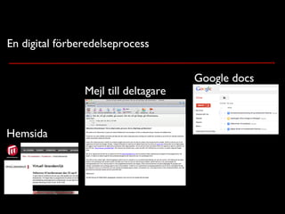 En digital förberedelseprocess
Hemsida
Mejl till deltagare
Google docs
 