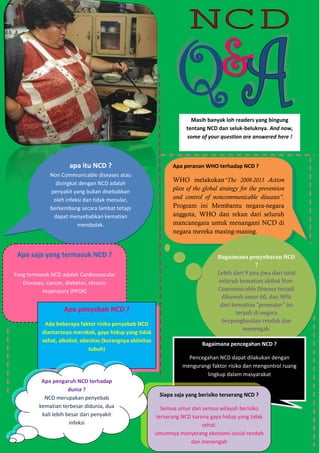 G

Masih banyak loh readers yang bingung
tentang NCD dan seluk-beluknya. And now,
some of your question are answered here !

apa itu NCD ?
Non Communicable diseases atau
disingkat dengan NCD adalah
penyakit yang bukan disebabkan
oleh infeksi dan tidak menular,
berkembang secara lambat tetapi
dapat menyebabkan kematian
mendadak.

Apa saja yang termasuk NCD ?
Yang termasuk NCD adalah Cardiovascular
Diseases, cancer, diabetes, chronic
respiratory (PPOK)

Apa penyebab NCD ?
Ada beberapa faktor risiko penyebab NCD
diantaranya merokok, gaya hidup yang tidak
sehat, alkohol, obesitas (kurangnya aktivitas
tubuh)

Apa peranan WHO terhadap NCD ?

WHO melakukan“The 2008-2013 Action
plan of the global strategy for the prevention
and control of noncommunicable diseases”.
Program ini Membantu negara-negara
anggota, WHO dan rekan dari seluruh
mancanegara untuk menangani NCD di
negara mereka masing-masing.

Bagaimana penyebaran NCD
?
Lebih dari 9 juta jiwa dari total
seluruh kematian akibat NonCommunicable Disease terjadi
dibawah umur 60, dan 90%
dari kematian “prematur” ini
terjadi di negara
berpenghasilan rendah dan
menengah.
Bagaimana pencegahan NCD ?
Pencegahan NCD dapat dilakukan dengan
mengurangi faktor risiko dan mengontrol ruang
lingkup dalam masyarakat

Apa pengaruh NCD terhadap
dunia ?
Siapa saja yang berisiko terserang NCD ?
NCD merupakan penyebab
kematian terbesar didunia, dua
Semua umur dan semua wilayah berisiko
kali lebih besar dari penyakit
terserang NCD karena gaya hidup yang tidak
infeksi
Buletin Kastrat “Cakrawala” 1st sehat.
Edition
umumnya
April 2013 menyerang ekonomi-sosial rendah
dan menengah

11

 