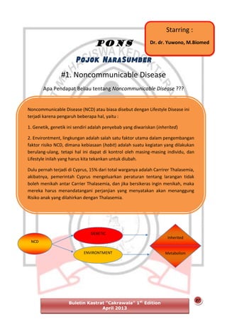 Starring :

PONS

Dr. dr. Yuwono, M.Biomed

#1. Noncommunicable Disease
Apa Pendapat Beliau tentang Noncommunicable Disease ???

Noncommunicable Disease (NCD) atau biasa disebut dengan Lifestyle Disease ini
terjadi karena pengaruh beberapa hal, yaitu :
1. Genetik, genetik ini sendiri adalah penyebab yang diwariskan (inherited)
2. Environtment, lingkungan adalah salah satu faktor utama dalam pengembangan
faktor risiko NCD, dimana kebiasaan (habit) adalah suatu kegiatan yang dilakukan
berulang-ulang, tetapi hal ini dapat di kontrol oleh masing-masing individu, dan
Lifestyle inilah yang harus kita tekankan untuk diubah.
Dulu pernah terjadi di Cyprus, 15% dari total warganya adalah Carrirer Thalasemia,
akibatnya, pemerintah Cyprus mengeluarkan peraturan tentang larangan tidak
boleh menikah antar Carrier Thalasemia, dan jika bersikeras ingin menikah, maka
mereka harus menandatangani perjanjian yang menyatakan akan menanggung
Risiko anak yang dilahirkan dengan Thalasemia.

GENETIC
NCD
ENVIRONTMENT

Buletin Kastrat “Cakrawala” 1st Edition
April 2013

Inherited

Metabolism

27

 