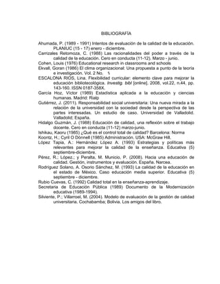 BIBLIOGRAFÍA
Ahumada, P. (1989 - 1991) Intentos de evaluación de la calidad de la educación.
PLANIUC (15 - 17) enero - diciembre.
Carrizales Retomoza, C. (1988) Las racionalidades del poder a través de la
calidad de la educación. Cero en conducta (11-12). Marzo - junio.
Cohen, Louis (1976) Educational research in classrooms and schools
Ekvall, Goran (1986) El clima organizacional: Una propuesta a punto de la teoría
e investigación. Vol. 2 No. ⅘
ESCALONA RIOS, Lina. Flexibilidad curricular: elemento clave para mejorar la
educación bibliotecológica. Investig. bibl [online]. 2008, vol.22, n.44, pp.
143-160. ISSN 0187-358X.
García Hoz, Víctor (1989) Estadística aplicada a la educación y ciencias
humanas. Madrid: Rialp
Gutiérrez, J. (2011). Responsabilidad social universitaria: Una nueva mirada a la
relación de la universidad con la sociedad desde la perspectiva de las
partes interesadas. Un estudio de caso. Universidad de Valladolid.
Valladolid; España.
Hidalgo Guzmán, J. (1988) Educación de calidad, una reflexión sobre el trabajo
docente. Cero en conducta (11-12) marzo-junio.
Ishikau, Kaoru (1985) ¿Qué es el control total de calidad? Barcelona: Norma
Koontz, H.; Cyril O Dònnell (1985) Administración. USA: McGraw Hill.
López Tapia, A.: Hernández López A. (1993) Estrategias y políticas más
relevantes para mejorar la calidad de la enseñanza. Educativa (5)
septiembre-diciembre.
Pérez, R.; López.; y Peralta, M. Municio, P. (2008). Hacia una educación de
calidad. Gestión, instrumentos y evaluación. España. Narcea.
Rodríguez Solano, A. Osorio Sánchez, M. (1993) La calidad de la educación en
el estado de México. Caso educación media superior. Educativa (5)
septiembre - diciembre.
Rubio Cuevas, C. (1992) Calidad total en la enseñanza-aprendizaje.
Secretaria de Educación Pública (1989) Documento de la Modernización
educativa (1989-1994).
Silviente, P.; Villarroel, M. (2004). Modelo de evaluación de la gestión de calidad
universitaria. Cochabamba; Bolivia. Los amigos del libro.
 