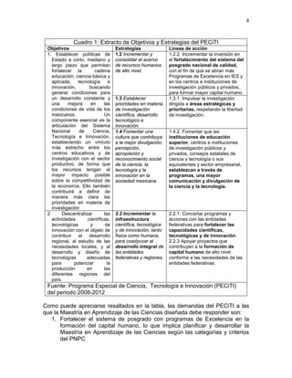 4
Cuadro 1: Extracto de Objetivos y Estrategias del PECiTI
Objetivos Estrategias Líneas de acción
1. Establecer políticas de
Estado a corto, mediano y
largo plazo que permitan
fortalecer la cadena
educación, ciencia básica y
aplicada, tecnología e
innovación, buscando
generar condiciones para
un desarrollo constante y
una mejora en las
condiciones de vida de los
mexicanos. Un
componente esencial es la
articulación del Sistema
Nacional de Ciencia,
Tecnología e Innovación,
estableciendo un vínculo
más estrecho entre los
centros educativos y de
investigación con el sector
productivo, de forma que
los recursos tengan el
mayor impacto posible
sobre la competitividad de
la economía. Ello también
contribuirá a definir de
manera más clara las
prioridades en materia de
investigación
1.2 Incrementar y
consolidar el acervo
de recursos humanos
de alto nivel.
1.2.2. Incrementar la inversión en
el fortalecimiento del sistema del
posgrado nacional de calidad,
con el fin de que se abran más
Programas de Excelencia en IES y
en los centros e instituciones de
investigación públicos y privados,
para formar mayor capital humano.
1.3 Establecer
prioridades en materia
de investigación
científica, desarrollo
tecnológico e
innovación.
1.3.1. Impulsar la investigación
dirigida a áreas estratégicas y
prioritarias, respetando la libertad
de investigación.
1.4 Fomentar una
cultura que contribuya
a la mejor divulgación,
percepción,
apropiación y
reconocimiento social
de la ciencia, la
tecnología y la
innovación en la
sociedad mexicana.
1.4.2. Fomentar que las
instituciones de educación
superior, centros e instituciones
de investigación públicos y
privados, consejos estatales de
ciencia y tecnología o sus
equivalentes y sector empresarial,
establezcan a través de
programas, una mayor
comunicación y divulgación de
la ciencia y la tecnología.
2 Descentralizar las
actividades científicas,
tecnológicas y de
innovación con el objeto de
contribuir al desarrollo
regional, al estudio de las
necesidades locales, y al
desarrollo y diseño de
tecnologías adecuadas
para potenciar la
producción en las
diferentes regiones del
país.
2.2 Incrementar la
infraestructura
científica, tecnológica
y de innovación, tanto
física como humana,
para coadyuvar al
desarrollo integral de
las entidades
federativas y regiones.
2.2.1. Concertar programas y
acciones con las entidades
federativas para fortalecer las
capacidades científicas,
tecnológicas y de innovación.
2.2.3 Apoyar proyectos que
contribuyan a la formación de
capital humano de alto nivel
conforme a las necesidades de las
entidades federativas.
Fuente: Programa Especial de Ciencia, Tecnología e Innovación (PECiTI)
del periodo 2008-2012
Como puede apreciarse resaltados en la tabla, las demandas del PECiTI a las
que la Maestría en Aprendizaje de las Ciencias diseñada debe responder son:
1. Fortalecer el sistema de posgrado con programas de Excelencia en la
formación del capital humano, lo que implica planificar y desarrollar la
Maestría en Aprendizaje de las Ciencias según las categorías y criterios
del PNPC
 