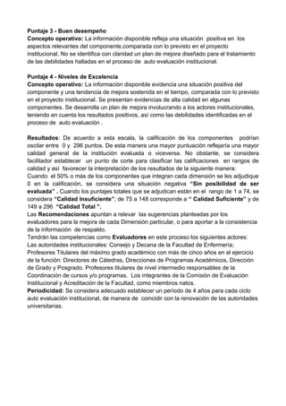 Puntaje 3 - Buen desempeño
Concepto operativo: La información disponible refleja una situación positiva en los
aspectos relevantes del componente,comparada con lo previsto en el proyecto
institucional. No se identifica con claridad un plan de mejora diseñado para el tratamiento
de las debilidades halladas en el proceso de auto evaluación institucional.
Puntaje 4 - Niveles de Excelencia
Concepto operativo: La información disponible evidencia una situación positiva del
componente y una tendencia de mejora sostenida en el tiempo, comparada con lo previsto
en el proyecto institucional. Se presentan evidencias de alta calidad en algunas
componentes. Se desarrolla un plan de mejora involucrando a los actores institucionales,
teniendo en cuenta los resultados positivos, así como las debilidades identificadas en el
proceso de auto evaluación .
Resultados: De acuerdo a esta escala, la calificación de los componentes podrían
oscilar entre 0 y 296 puntos. De esta manera una mayor puntuación reflejaría una mayor
calidad general de la institución evaluada o viceversa. No obstante, se considera
facilitador establecer un punto de corte para clasificar las calificaciones en rangos de
calidad y así favorecer la interpretación de los resultados de la siguiente manera:
Cuando el 50% o más de los componentes que integran cada dimensión se les adjudique
0 en la calificación, se considera una situación negativa “Sin posibilidad de ser
evaluada” . Cuando los puntajes totales que se adjudican están en el rango de 1 a 74, se
considera “Calidad Insuficiente”; de 75 a 148 corresponde a “ Calidad Suficiente” y de
149 a 296 “Calidad Total ”.
Las Recomendaciones apuntan a relevar las sugerencias planteadas por los
evaluadores para la mejora de cada Dimensión particular, o para aportar a la consistencia
de la información de respaldo.
Tendrán las competencias como Evaluadores en este proceso los siguientes actores:
Las autoridades institucionales: Consejo y Decana de la Facultad de Enfermería;
Profesores Titulares del máximo grado académico con más de cinco años en el ejercicio
de la función: Directores de Cátedras, Direcciones de Programas Académicos, Dirección
de Grado y Posgrado. Profesores titulares de nivel intermedio responsables de la
Coordinación de cursos y/o programas. Los integrantes de la Comisión de Evaluación
Institucional y Acreditación de la Facultad, como miembros natos.
Periodicidad: Se considera adecuado establecer un período de 4 años para cada ciclo
auto evaluación institucional, de manera de coincidir con la renovación de las autoridades
universitarias.
 