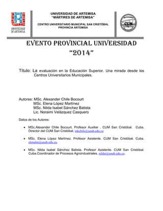 PONENCIAS DEL EJE TEMÁTICO: CALIDAD Y ACREDITACIÓN EN LA EDUCACIÓN SUPERIOR