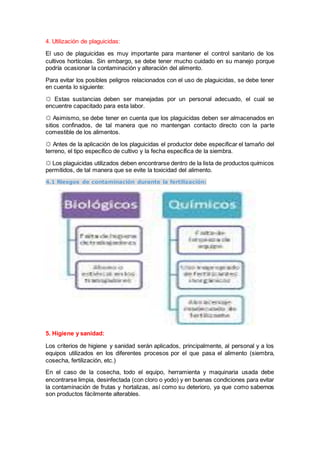 4. Utilización de plaguicidas:
El uso de plaguicidas es muy importante para mantener el control sanitario de los
cultivos hortícolas. Sin embargo, se debe tener mucho cuidado en su manejo porque
podría ocasionar la contaminación y alteración del alimento.
Para evitar los posibles peligros relacionados con el uso de plaguicidas, se debe tener
en cuenta lo siguiente:
☼ Estas sustancias deben ser manejadas por un personal adecuado, el cual se
encuentre capacitado para esta labor.
☼ Asimismo, se debe tener en cuenta que los plaguicidas deben ser almacenados en
sitios confinados, de tal manera que no mantengan contacto directo con la parte
comestible de los alimentos.
☼ Antes de la aplicación de los plaguicidas el productor debe especificar el tamaño del
terreno, el tipo específico de cultivo y la fecha específica de la siembra.
☼ Los plaguicidas utilizados deben encontrarse dentro de la lista de productos químicos
permitidos, de tal manera que se evite la toxicidad del alimento.
4.1 Riesgos de contaminación durante la fertilización:
5. Higiene y sanidad:
Los criterios de higiene y sanidad serán aplicados, principalmente, al personal y a los
equipos utilizados en los diferentes procesos por el que pasa el alimento (siembra,
cosecha, fertilización, etc.)
En el caso de la cosecha, todo el equipo, herramienta y maquinaria usada debe
encontrarse limpia, desinfectada (con cloro o yodo) y en buenas condiciones para evitar
la contaminación de frutas y hortalizas, así como su deterioro, ya que como sabemos
son productos fácilmente alterables.
 