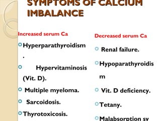 SYMPTOMS OF CALCIUMSYMPTOMS OF CALCIUM
IMBALANCEIMBALANCE
Increased serum Ca
Hyperparathyroidism
.
 Hypervitaminosis
(Vit. D).
 Multiple myeloma.
  Sarcoidosis.
Thyrotoxicosis.
Decreased serum Ca
 Renal failure.
Hypoparathyroidis
m
 Vit. D deficiency.
Tetany.
Malabsorption sy
 
