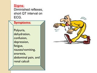 Symptoms:
Polyuria,
dehydration,
confusion,
depression,
fatigue,
nausea/vomiting,
anorexia,
abdominal pain, and
renal calculi
Signs:
Diminished reflexes,
short QT interval on
ECG.
 