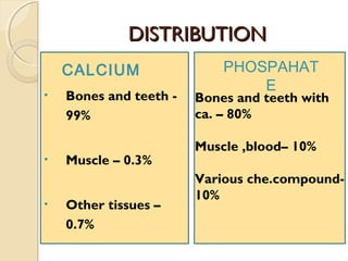 DISTRIBUTIONDISTRIBUTION
• Bones and teeth -
99%
• Muscle – 0.3%
• Other tissues –
0.7%
CALCIUM PHOSPAHAT
E
Bones and teeth with
ca. – 80%
Muscle ,blood– 10%
Various che.compound-
10%
 