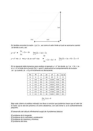Es factible encontrar la razón y/x , así como el valor límite al cual se acercaría cuando
x tienda a cero, así:
y = x2
y
 2x  x
x
lim
x0
(2x  x)  2x
y
y = x2
+4x – 2  y = 2x x +x2
+ 4x
x
 2x  x  4
lim
x0
(2x  x  4)  2x  4
En la siguiente tabla tomamos para análisis el ejemplo y = x2
de donde y / x = 2x + x ,
si x = 4, el límite de la función f(x) = será 8, observemos el comportamiento de larazón
x / y cuando x  0 y el incremento es decreciente.
Xo Xf x yo yf y yx
4 5 1 16 25 9 9
4 4.8 0.8 16 23.04 7.04 8.8
4 4.6 0.6 16 21.16 5.16 8.6
4 4.5 0.5 16 20.25 4.25 8.5
4 4.4 0.4 16 19.36 3.36 8.4
4 4.3 0.3 16 18.49 2.49 8.3
4 4.2 0.2 16 17.64 1.64 8.2
4 4.1 0.1 16 16.81 0.81 8.1
lim
x0
f (x)  8
Bajo este criterio el análisis indicado nos lleva a concluir que podemos hacer que el valor de
la razón y/x sea tan próximo a 8 como deseemos, con solo tomar a x lo suficientemente
pequeño.
El desarrollo del cálculo infinitesimal surgió de 4 problemas básicos:
El problema de la tangente
El problema de la velocidad y aceleración
El problema de máximos y mínimos
El problema del área.
(x,y) (⧍x)
(⧍y
 