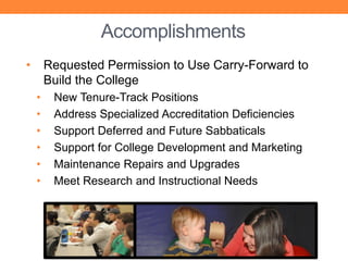 Accomplishments
•       Requested Permission to Use Carry-Forward to
        Build the College
    •    New Tenure-Track Positions
    •    Address Specialized Accreditation Deficiencies
    •    Support Deferred and Future Sabbaticals
    •    Support for College Development and Marketing
    •    Maintenance Repairs and Upgrades
    •    Meet Research and Instructional Needs
 
