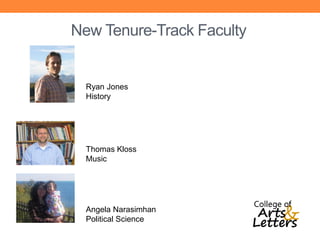 New Tenure-Track Faculty


  Ryan Jones
  History




  Thomas Kloss
  Music




  Angela Narasimhan
  Political Science
 