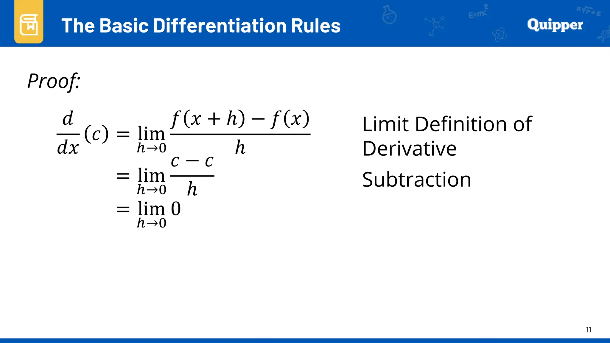 11
Proof:
The Basic Differentiation Rules
𝑑
𝑑𝑥
𝑐 = lim
ℎ→0
𝑓 𝑥 + ℎ − 𝑓 𝑥
ℎ
= lim
ℎ→0
𝑐 − 𝑐
ℎ
= lim
ℎ→0
0
Limit Definition of
Derivative
Subtraction
 