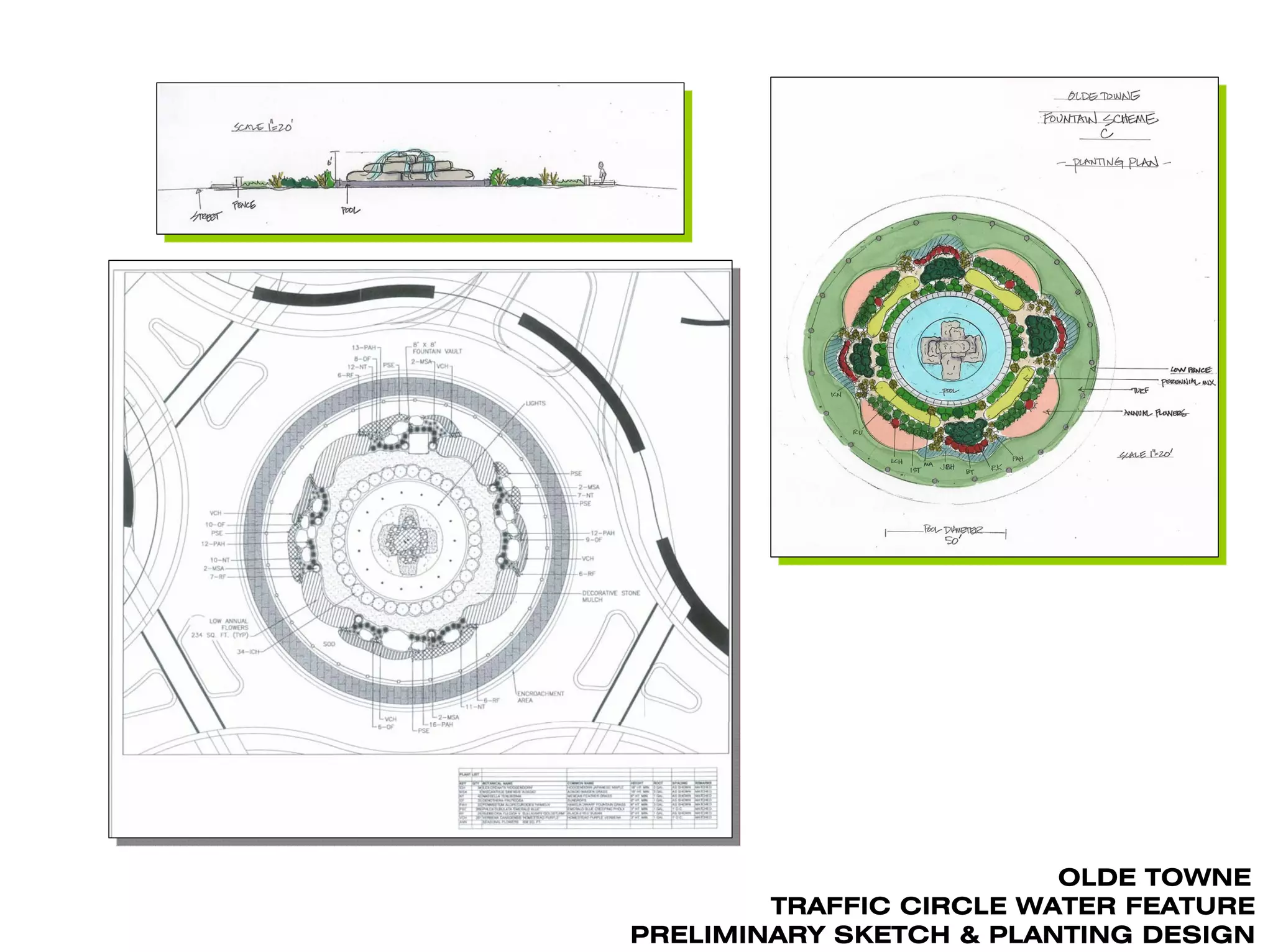 OLDE TOWNE
        TRAFFIC CIRCLE WATER FEATURE
PRELIMINARY SKETCH & PLANTING DESIGN
 
