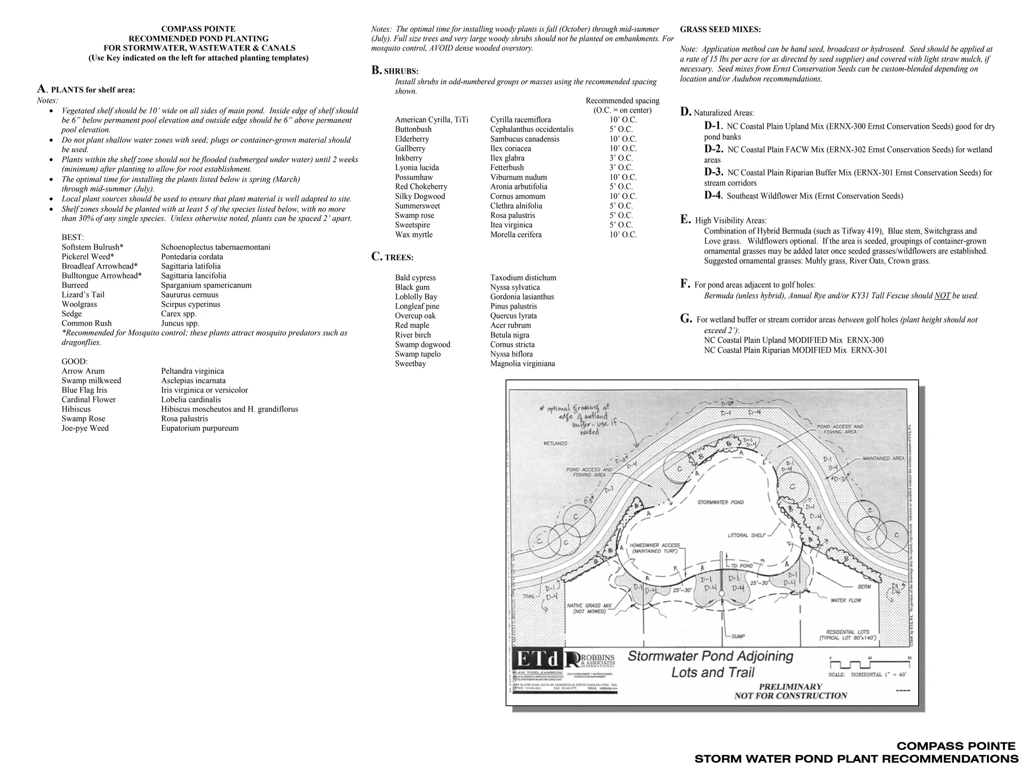 COMPASS POINTE                                                Notes: The optimal time for installing woody plants is fall (October) through mid-summer      GRASS SEED MIXES:
                          RECOMMENDED POND PLANTING                                              (July). Full size trees and very large woody shrubs should not be planted on embankments. For
                   FOR STORMWATER, WASTEWATER & CANALS                                           mosquito control, AVOID dense wooded overstory.                                               Note: Application method can be hand seed, broadcast or hydroseed. Seed should be applied at
               (Use Key indicated on the left for attached planting templates)                                                                                                                 a rate of 15 lbs per acre (or as directed by seed supplier) and covered with light straw mulch, if
                                                                                                 B. SHRUBS:                                                                                    necessary. Seed mixes from Ernst Conservation Seeds can be custom-blended depending on
                                                                                                         Install shrubs in odd-numbered groups or masses using the recommended spacing         location and/or Audubon recommendations.
A. PLANTS for shelf area:                                                                                shown.
Notes:                                                                                                                                                               Recommended spacing
   • Vegetated shelf should be 10’ wide on all sides of main pond. Inside edge of shelf should                                                                          (O.C. = on center)     D. Naturalized Areas:
       be 6” below permanent pool elevation and outside edge should be 6” above permanent                American Cyrilla, TiTi         Cyrilla racemiflora                 10’ O.C.
       pool elevation.                                                                                   Buttonbush                     Cephalanthus occidentalis           5’ O.C.                    D-1. NC Coastal Plain Upland Mix (ERNX-300 Ernst Conservation Seeds) good for dry
   • Do not plant shallow water zones with seed; plugs or container-grown material should                Elderberry                     Sambucus canadensis                 10’ O.C.                   pond banks
       be used.                                                                                          Gallberry                      Ilex coriacea                       10’ O.C.                   D-2. NC Coastal Plain FACW Mix (ERNX-302 Ernst Conservation Seeds) for wetland
   • Plants within the shelf zone should not be flooded (submerged under water) until 2 weeks            Inkberry                       Ilex glabra                         3’ O.C.                    areas
       (minimum) after planting to allow for root establishment.                                         Lyonia lucida                  Fetterbush                          3’ O.C.
                                                                                                                                                                                                       D-3. NC Coastal Plain Riparian Buffer Mix (ERNX-301 Ernst Conservation Seeds) for
   • The optimal time for installing the plants listed below is spring (March)                           Possumhaw                      Viburnum nudum                      10’ O.C.
                                                                                                                                                                                                       stream corridors
       through mid-summer (July).                                                                        Red Chokeberry                 Aronia arbutifolia                  5’ O.C.
   • Local plant sources should be used to ensure that plant material is well adapted to site.           Silky Dogwood                  Cornus amomum                       10’ O.C.                   D-4. Southeast Wildflower Mix (Ernst Conservation Seeds)
   • Shelf zones should be planted with at least 5 of the species listed below, with no more             Summersweet                    Clethra alnifolia                   5’ O.C.
                                                                                                         Swamp rose                     Rosa palustris                      5’ O.C.
       than 30% of any single species. Unless otherwise noted, plants can be spaced 2’ apart.
                                                                                                         Sweetspire                     Itea virginica                      5’ O.C.
                                                                                                                                                                                               E. High Visibility Areas:
                                                                                                         Wax myrtle                     Morella cerifera                    10’ O.C.                   Combination of Hybrid Bermuda (such as Tifway 419), Blue stem, Switchgrass and
       BEST:                                                                                                                                                                                           Love grass. Wildflowers optional. If the area is seeded, groupings of container-grown
       Softstem Bulrush*         Schoenoplectus tabernaemontani                                                                                                                                        ornamental grasses may be added later once seeded grasses/wildflowers are established.
       Pickerel Weed*            Pontedaria cordata                                              C. TREES:                                                                                             Suggested ornamental grasses: Muhly grass, River Oats, Crown grass.
       Broadleaf Arrowhead*      Sagittaria latifolia
       Bulltongue Arrowhead*     Sagittaria lancifolia                                                  Bald cypress                 Taxodium distichum
       Burreed                   Sparganium spamericanum                                                Black gum                    Nyssa sylvatica                                           F.   For pond areas adjacent to golf holes:
       Lizard’s Tail             Saururus cernuus                                                       Loblolly Bay                 Gordonia lasianthus                                              Bermuda (unless hybrid), Annual Rye and/or KY31 Tall Fescue should NOT be used.
       Woolgrass                 Scirpus cyperinus                                                      Longleaf pine                Pinus palustris
       Sedge                     Carex spp.                                                             Overcup oak                  Quercus lyrata
       Common Rush               Juncus spp.                                                            Red maple                    Acer rubrum
                                                                                                                                                                                               G.    For wetland buffer or stream corridor areas between golf holes (plant height should not
       *Recommended for Mosquito control; these plants attract mosquito predators such as                                                                                                              exceed 2’):
                                                                                                        River birch                  Betula nigra
       dragonflies.                                                                                     Swamp dogwood                Cornus stricta                                                    NC Coastal Plain Upland MODIFIED Mix ERNX-300
                                                                                                        Swamp tupelo                 Nyssa biflora                                                     NC Coastal Plain Riparian MODIFIED Mix ERNX-301
       GOOD:                                                                                            Sweetbay                     Magnolia virginiana
       Arrow Arum                   Peltandra virginica
       Swamp milkweed               Asclepias incarnata
       Blue Flag Iris               Iris virginica or versicolor
       Cardinal Flower              Lobelia cardinalis
       Hibiscus                     Hibiscus moscheutos and H. grandiflorus
       Swamp Rose                   Rosa palustris
       Joe-pye Weed                 Eupatorium purpureum




                                                                                                                                                                                                                             COMPASS POINTE
                                                                                                                                                                                                    STORM WATER POND PLANT RECOMMENDATIONS
 