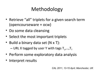 Methodology Retrieve “all” triplets for a given search term (opencourseware + ocw) Do some data cleansing Select the most important triplets Build a binary data set (N x T): URL X tagged by user Y with tags T 1 ,…,T T Perform some exploratory data analysis Interpret results CAL 2011, 13-15 April, Manchester, UK 