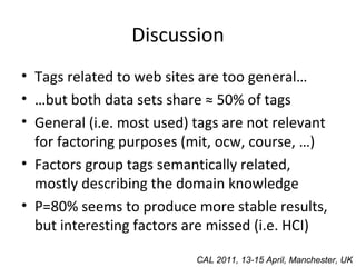 Discussion Tags related to web sites are too general… … but both data sets share ≈ 50% of tags  General (i.e. most used) tags are not relevant for factoring purposes (mit, ocw, course, …) Factors group tags semantically related, mostly describing the domain knowledge P=80% seems to produce more stable results, but interesting factors are missed (i.e. HCI) CAL 2011, 13-15 April, Manchester, UK 