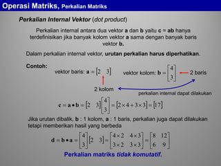 Perkalian Internal Vektor (dot product)
[ ]32=a 





=
3
4
bvektor baris: vektor kolom:
.
Contoh:
2 kolom
2 baris
Perkalian internal antara dua vektor a dan b yaitu c = ab hanya
terdefinisikan jika banyak kolom vektor a sama dengan banyak baris
vektor b.
Dalam perkalian internal vektor, urutan perkalian harus diperhatikan.
[ ] [ ] [ ]173342
3
4
32 =×+×=





=•= bac
Jika urutan dibalik, b : 1 kolom, a : 1 baris, perkalian juga dapat dilakukan
tetapi memberikan hasil yang berbeda
[ ] 





=





××
××
=





=•=
96
128
3323
3424
32
3
4
abd
perkalian internal dapat dilakukan
Perkalian matriks tidak komutatif.
Operasi Matriks, Perkalian Matriks
 