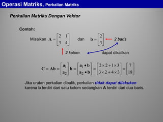 Perkalian Matriks Dengan Vektor






=
43
12
A 





=
3
2
bMisalkan dan
dapat dikalikan2 kolom
2 baris






=





×+×
×+×
=





•
•
=





==
18
7
3423
3122
2
1
2
1
ba
ba
b
a
a
AbC
Jika urutan perkalian dibalik, perkalian tidak dapat dilakukan
karena b terdiri dari satu kolom sedangkan A terdiri dari dua baris.
Contoh:
Operasi Matriks, Perkalian Matriks
 