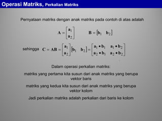 





=
2
1
a
a
A [ ]21 bbB =
[ ] 





••
••
=





==
2212
2111
21
2
1
baba
baba
bb
a
a
ABC
Pernyataan matriks dengan anak matriks pada contoh di atas adalah
,
sehingga
.
Operasi Matriks, Perkalian Matriks
Dalam operasi perkalian matriks:
matriks yang pertama kita susun dari anak matriks yang berupa
vektor baris
matriks yang kedua kita susun dari anak matriks yang berupa
vektor kolom
Jadi perkalian matriks adalah perkalian dari baris ke kolom
 