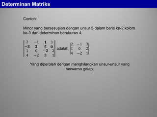 Determinan Matriks
Contoh:
Minor yang bersesuaian dengan unsur 5 dalam baris ke-2 kolom
ke-3 dari determinan berukuran 4.
2 −1 𝟏 3
−𝟑 𝟐 𝟓 𝟎
1
4
0
−2
−𝟐
𝟑
2
1
adalah
2 −1 3
1 0 2
4 −2 1
Yang diperoleh dengan menghilangkan unsur-unsur yang
berwarna gelap.
 
