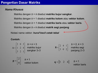 









=
123
421
302
A
b = k = 3
matriks bujur
sangkar 3×3
Nama Khusus
Pengertian Dasar Matriks
Matriks dengan b = k disebut matriks bujur sangkar.
Matriks dengan k = 1 disebut matriks kolom atau vektor kolom.
Matriks dengan b = 1 disebut matriks baris atau vektor baris.
Matriks dengan b ≠ k disebut matrik segi panjang
Contoh:






=
203
142
B
b = 2, k = 3
matriks segi
panjang 2×3






=
4
2
p k = 1
vektor kolom [ ]423=q b = 1
vektor baris
Notasi nama vektor: huruf kecil cetak tebal
 