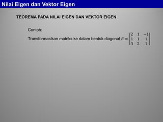 Nilai Eigen dan Vektor Eigen
TEOREMA PADA NILAI EIGEN DAN VEKTOR EIGEN
Contoh:
Transformasikan matriks ke dalam bentuk diagonal 𝐵 =
2 1 −1
1 1 1
3 2 1
 