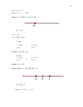 8
040
222
≤⇒−≥≥
−≥+≥
xxx
xx
Solução: ( ] ( ) ]0,(2,0, −∞=∞−∩∞−
l) 24
xx ≥
( )( ) 011
0
2
24
≥+−
≥−
xxx
xx
1° caso:
1
01
≥
≥−
x
x
e
1
01
−≥
≥+
x
x
Solução 1° caso: [ )∞+,1
2° caso:
1
01
≤
≤−
x
x
e
1
01
−≤
≤+
x
x
Solução: ( ]1, −∞−
Solução final: ( ] { } [ )∞+∪∪−∞− ,101,
m) 4
3
<
−x
x
1° caso: 303 >⇒>− xx
 