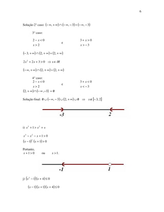 6
Solução 2° caso: ( ) ( ) ( )3,3,, −∞−=−∞−∩∞+∞−
3° caso:
2
02
>
<−
x
x
e
3
03
−>
>+
x
x
( ) ( ) ( )∞+=∞+∩∞+− ,2,2,3
IRxxx ∈⇒>++ 0322 2
( ) ( ) ( )∞+=∞+∩∞+∞− ,2,2,
4° caso:
2
02
>
<−
x
x
e
3
03
−<
<+
x
x
( ) ( ) 03,,2 /=−∞−∩∞+
Solução final: ( ) ( ) [ ]2,30,23,0 −∉⇒/∪∞+∪−∞−∪/ x
i) xxx +>+ 23
1
( ) ( ) 011
01
2
23
>+−
>+−−
xx
xxx
Portanto,
01 >+x ou 1>x .
j) ( )( ) 0412
≤+− xx
( )( )( ) 0411 ≤++− xxx
 