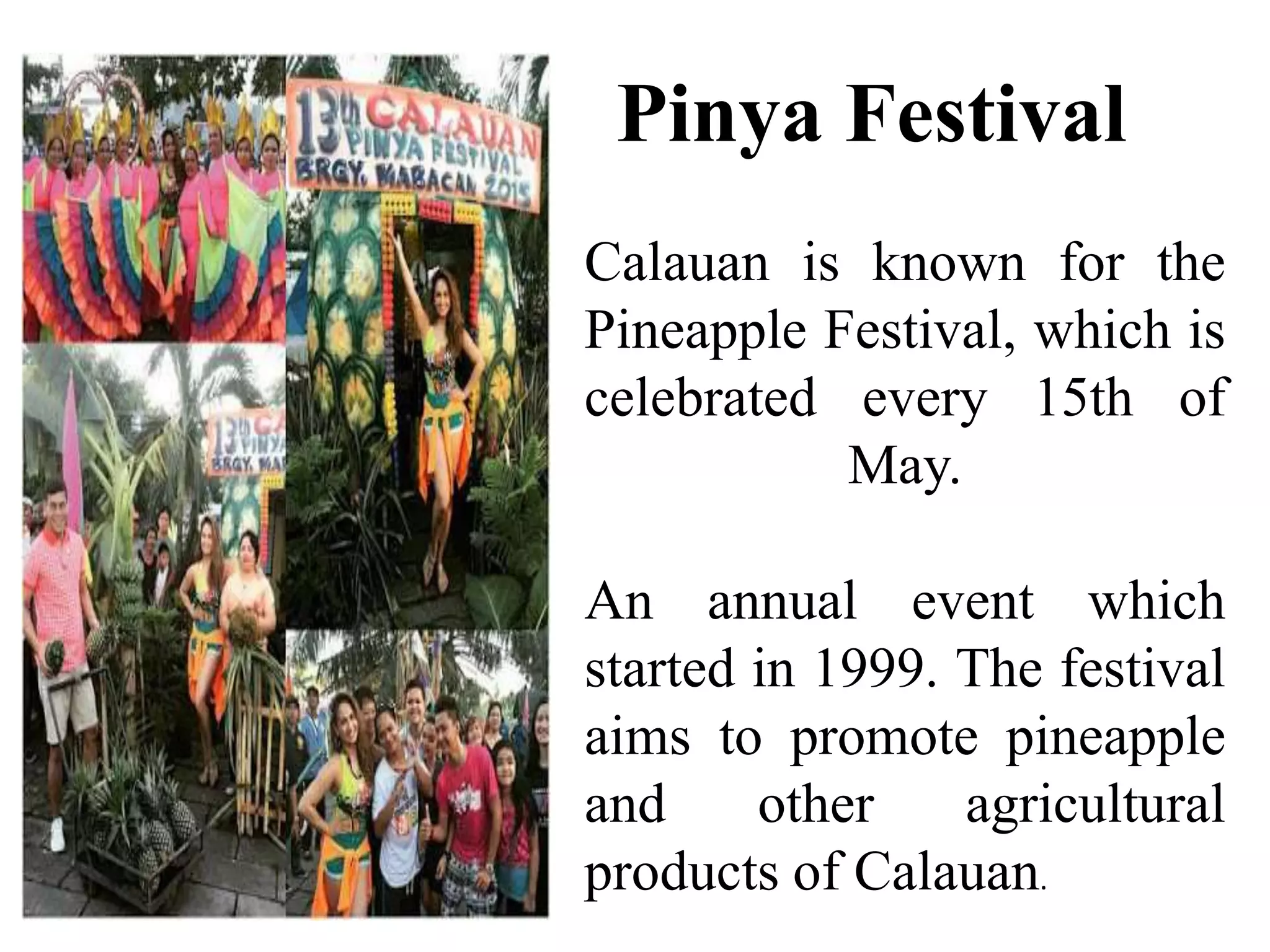 Calauan is known for the
Pineapple Festival, which is
celebrated every 15th of
May.
An annual event which
started in 1999. The festival
aims to promote pineapple
and other agricultural
products of Calauan.
Pinya Festival
 