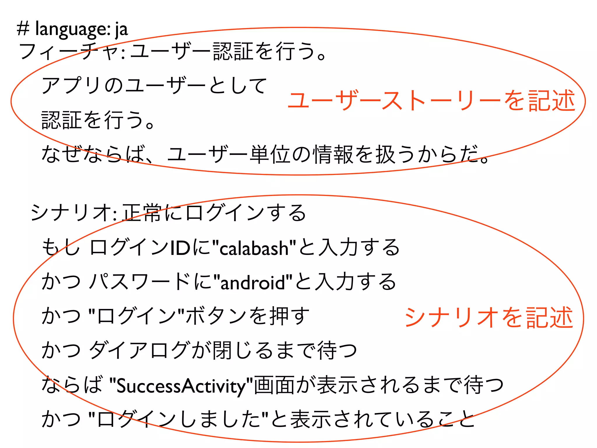 # language: ja
フィーチャ: ユーザー認証を行う。
 アプリのユーザーとして
                  ユーザーストーリーを記述
 認証を行う。
 なぜならば、ユーザー単位の情報を扱うからだ。

シナリオ: 正常にログインする
 もし ログインIDに"calabash"と入力する
 かつ パスワードに"android"と入力する
 かつ "ログイン"ボタンを押す             シナリオを記述
 かつ ダイアログが閉じるまで待つ
 ならば "SuccessActivity"画面が表示されるまで待つ
 かつ "ログインしました"と表示されていること
 