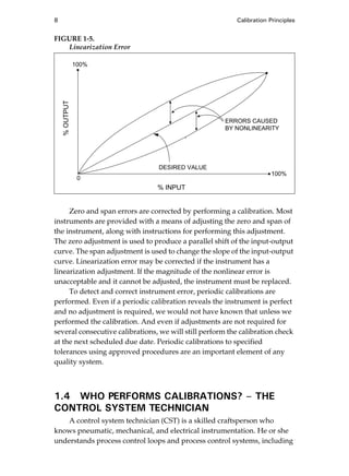 8 Calibration Principles
FIGURE 1-5.
Linearization Error
Zero and span errors are corrected by performing a calibration. Most
instruments are provided with a means of adjusting the zero and span of
the instrument, along with instructions for performing this adjustment.
The zero adjustment is used to produce a parallel shift of the input-output
curve. The span adjustment is used to change the slope of the input-output
curve. Linearization error may be corrected if the instrument has a
linearization adjustment. If the magnitude of the nonlinear error is
unacceptable and it cannot be adjusted, the instrument must be replaced.
To detect and correct instrument error, periodic calibrations are
performed. Even if a periodic calibration reveals the instrument is perfect
and no adjustment is required, we would not have known that unless we
performed the calibration. And even if adjustments are not required for
several consecutive calibrations, we will still perform the calibration check
at the next scheduled due date. Periodic calibrations to specified
tolerances using approved procedures are an important element of any
quality system.
1.4 WHO PERFORMS CALIBRATIONS? – THE
CONTROL SYSTEM TECHNICIAN
A control system technician (CST) is a skilled craftsperson who
knows pneumatic, mechanical, and electrical instrumentation. He or she
understands process control loops and process control systems, including
100%
0
100%
ERRORS CAUSED
BY NONLINEARITY
DESIRED VALUE
% INPUT
%OUTPUT
Cable05.book Page 8 Wednesday, December 8, 2004 9:36 AM
 