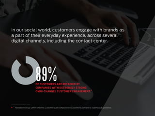 4
Aberdeen Group: Omni-channel Customer Care: Empowered Customers Demand a Seamless Experience
In our social world, customers engage with brands as
a part of their everyday experience, across several
digital channels, including the contact center.
89%OF CUSTOMERS ARE RETAINED BY
COMPANIES WITH EXTREMELY STRONG
OMNI-CHANNEL CUSTOMER ENGAGEMENT.
4
 